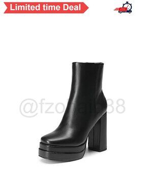 Faux Leather Platform Chunky Heel Square Toe Ankle Boots Side Zip Cushioned